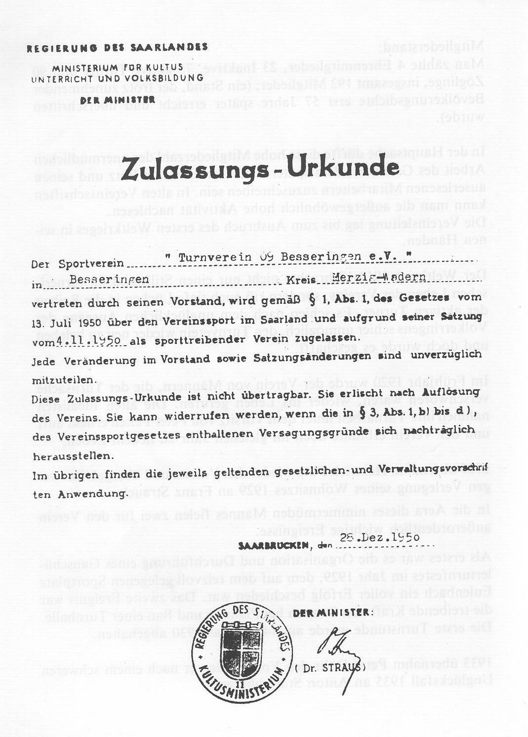 Zulassungs-Urkunde 1950